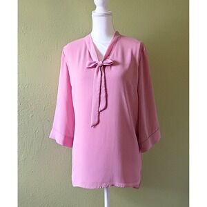Y2K Glam New England Coastal Tie Neck Sheer Blouse XL 3/4 Sleeve Bow  Work Top